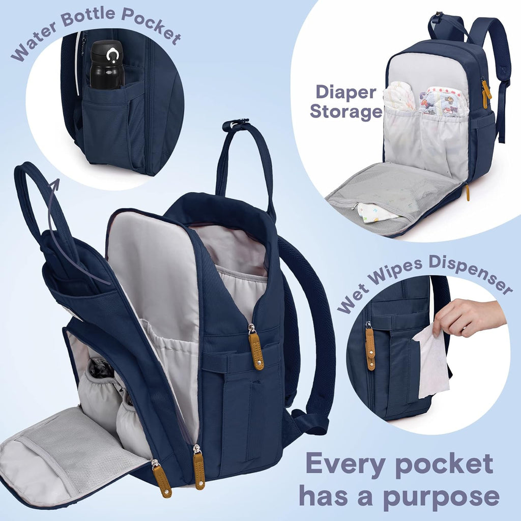 Diaper Bag Backpack-Multifunction Baby Travel Bag with Changing pad, Insulated Bottle Holders & Pacifier Case, Large