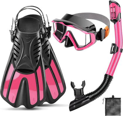 3 Window Snorkeling Gear for Kids Adults, 4 in 1 Snorkel Mask Fins Set with Snorkel Mask, Dry Top Snorkel, Adjustable