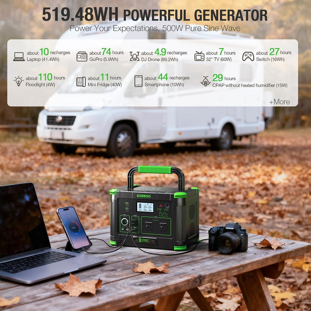 Portable Power Station 500w(Peak 1000W), Camping Solar 519.48Wh Outdoor | Solar Generator Backup Battery Pack with