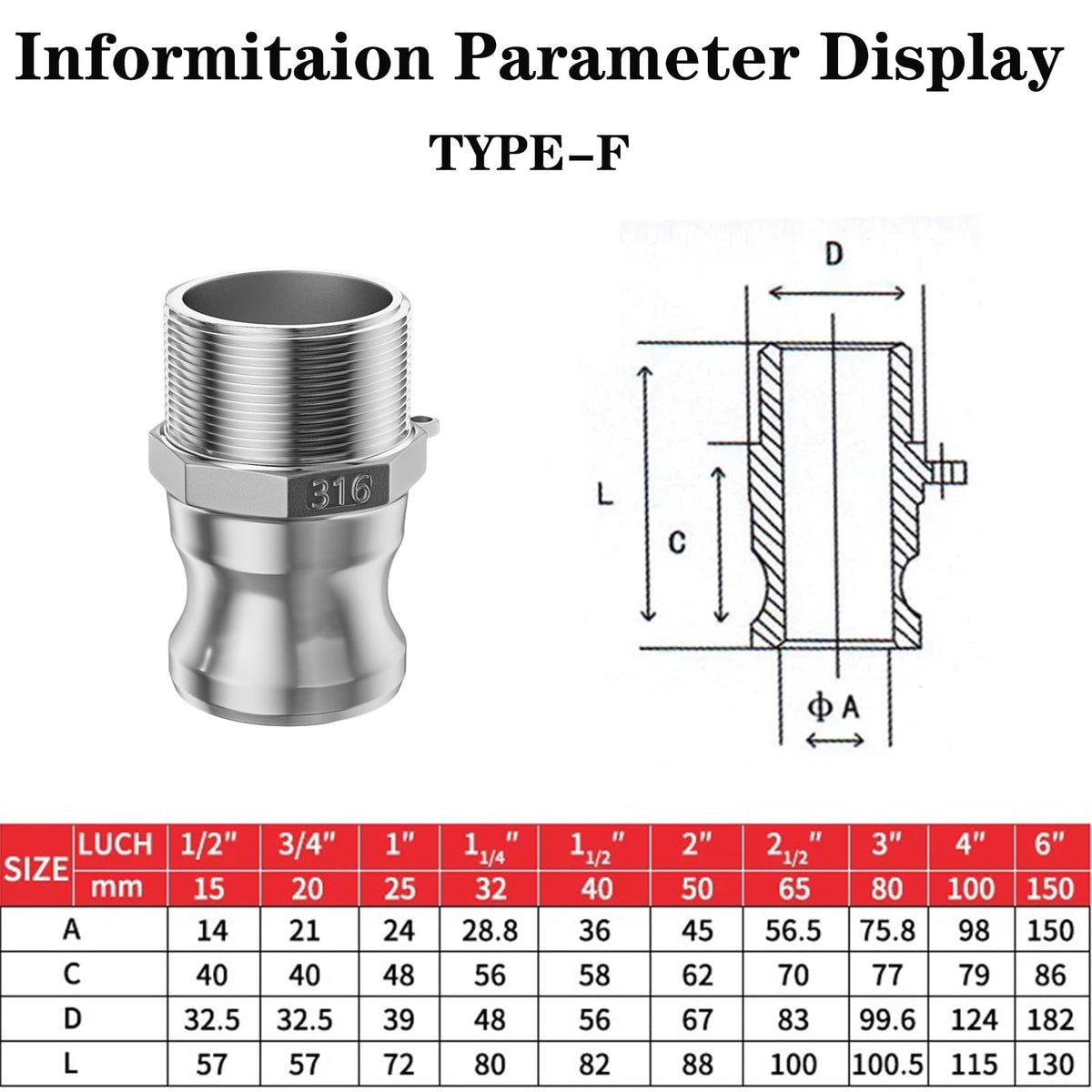 316 Stainless Steel 1 1/4" Camlock Fitting,Male & Female Thread