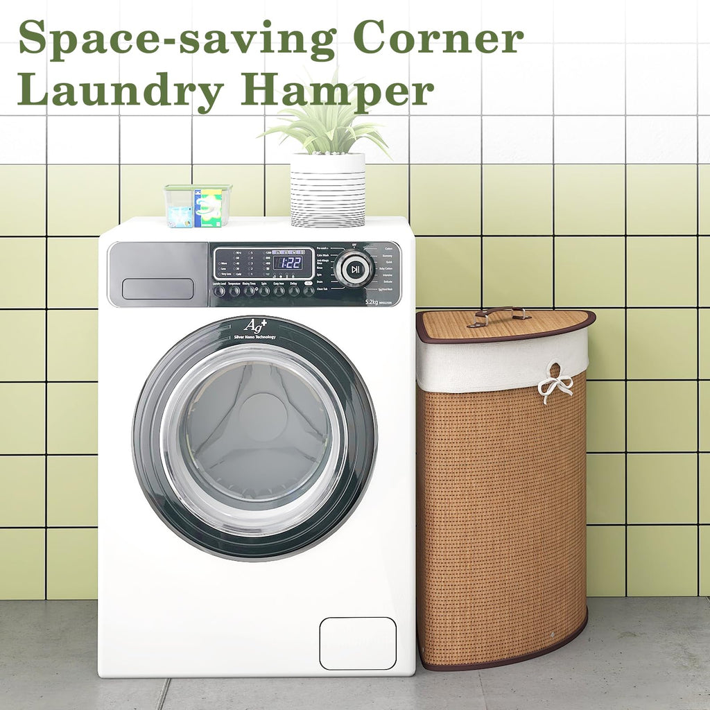 Corner Bamboo Laundry Hamper with Lid and Removable Liner, Bamboo