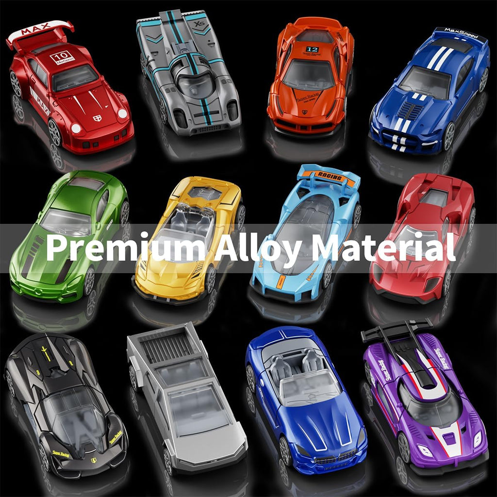 1:64 Scale Die-Cast Metal Toy Cars 12-Pack Vehicles Set, Includes Pickup, Racing Cars, Sports Cars for Display or