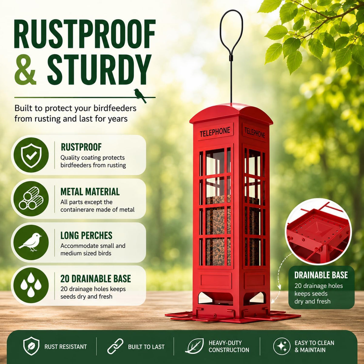 Squirrel Proof Bird Feeder for Outside Hanging, Weight-Activated Metal Bird Feeders, 3.2LB Large Capacity Mesh Tube