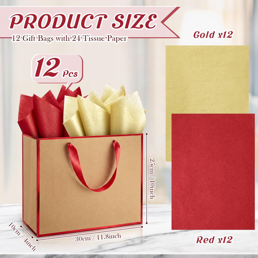 12 Pack Paper Gift Bag with Handles & Tissue, Kraft, Red
