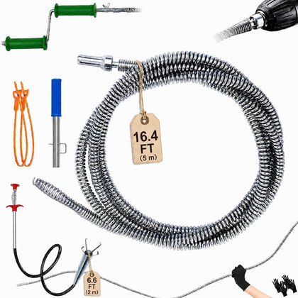Drain Snake Clog Remover Kit, 16.4 FT Long Flexible Drain Snake Auger with Auto Feed & Drill Attachment, 79 Inch