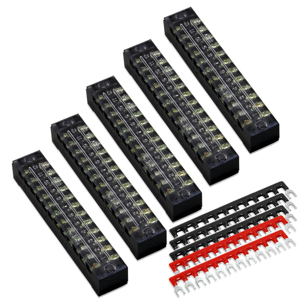 Terminal Block, 12 Circuits 600V 15A Dual Row Screw Terminal Strip, 5 Sets