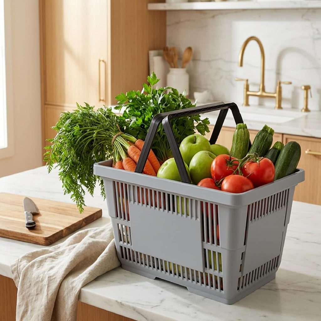 6 Pcs Shopping Baskets with Handles, 28 L Grocery Basket, Gray | Sturdy Ventilated Plastic Structure, Comfort