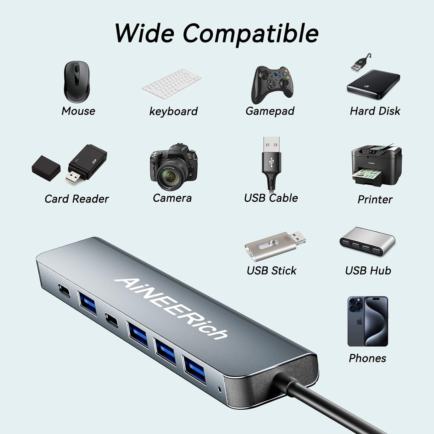 USB Hub for Laptop, USB C Hub Multiport Adapter Extended 5 USB Ports, 1 Type C Port, USB C to USB A Converter for