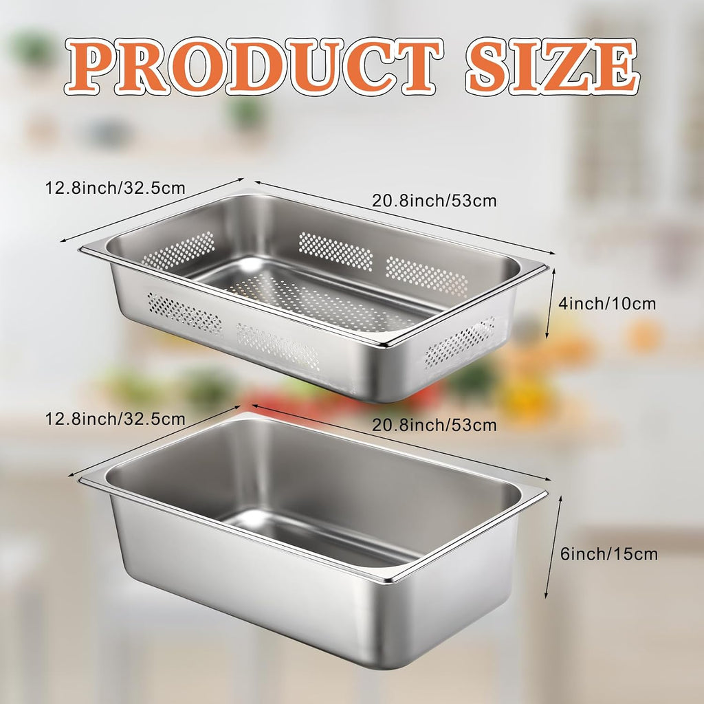2 Pack Perforated Hotel Pans Set, Full Size, 4 Inches, 6 Inches