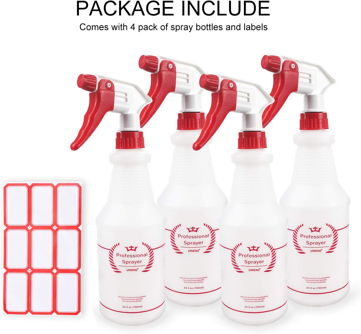 Plastic Spray Bottle (4 Pack, 24 Oz, All-Purpose) Heavy Duty Spraying Bottles Leak Proof Mist Empty Water Bottle for