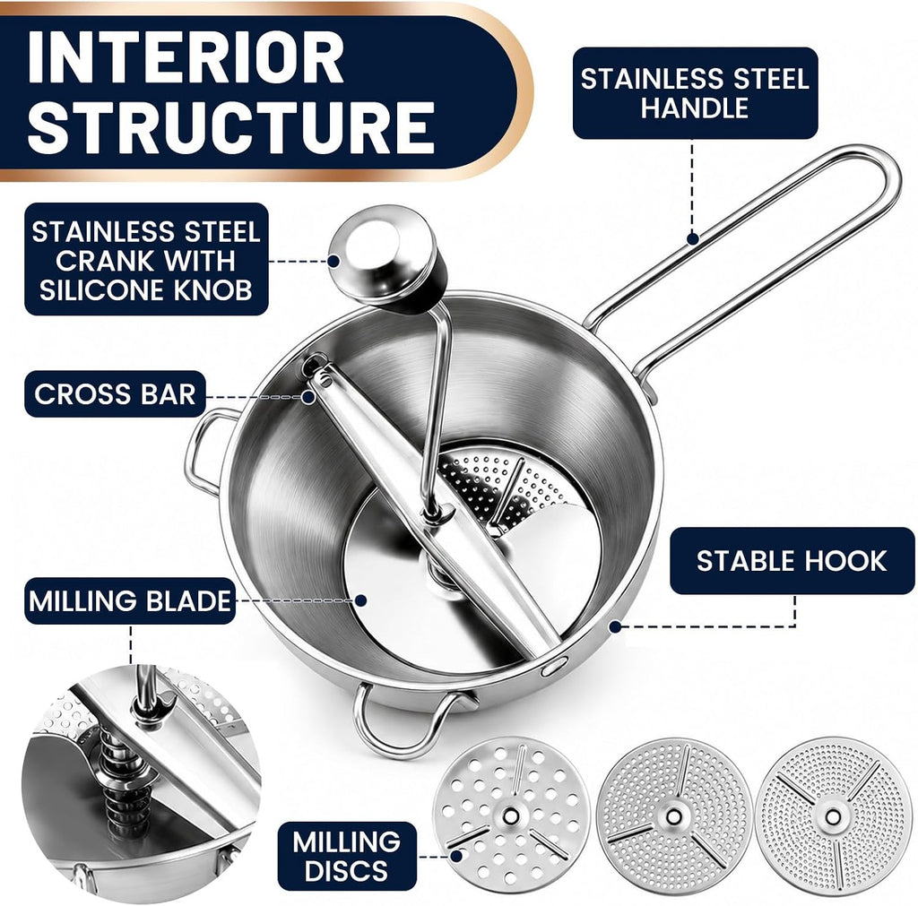 Stainless Steel Food Mill with 3 Interchangeable Discs, Rotary Food Mill for Tomato Sauce, Mashed Potatoes, Baby