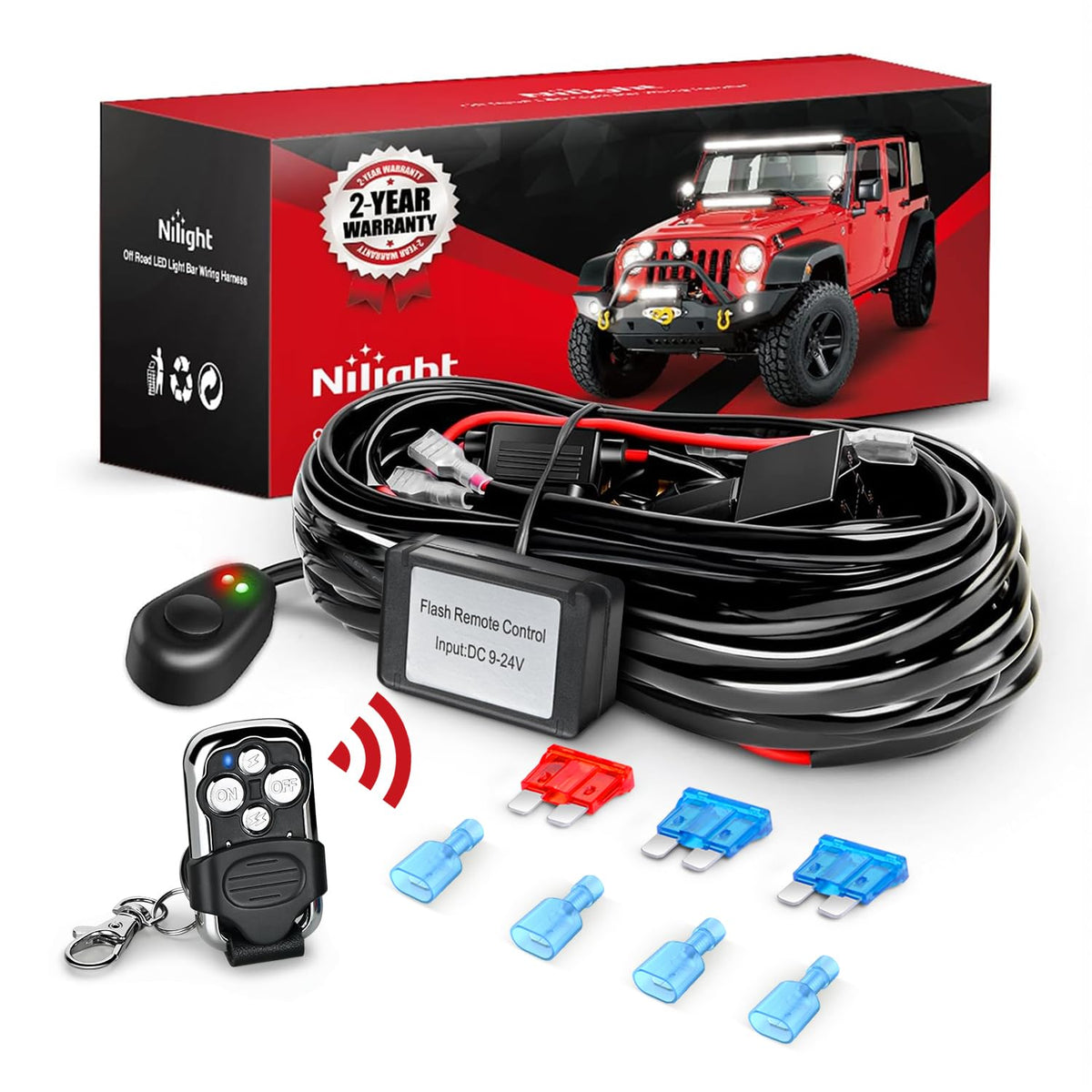 Nilight 16AWG Remote Wiring Harness Wireless Strobe Switch 12V 15A 2Leads