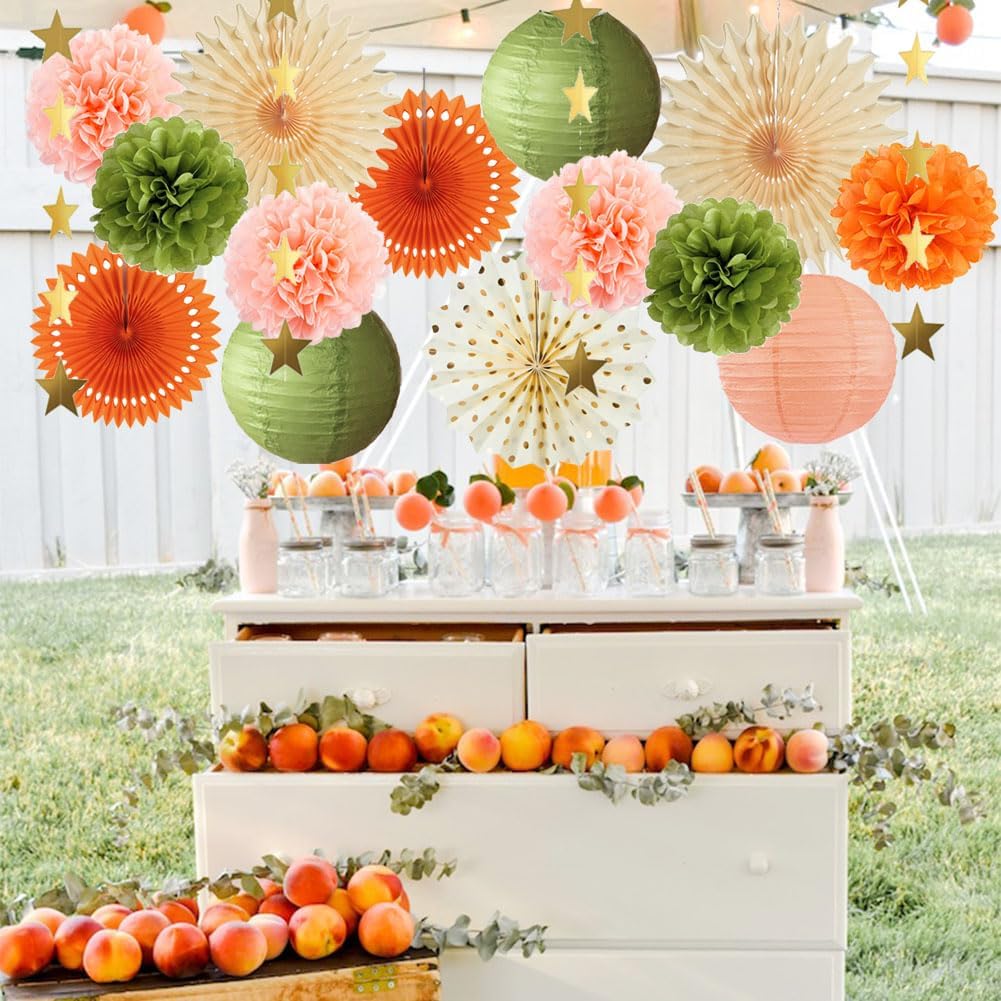 Olive Green and Orange Party Decorations Olive Birthday Party Decorations Peach and Orange Poms Lanterns Beige Fans