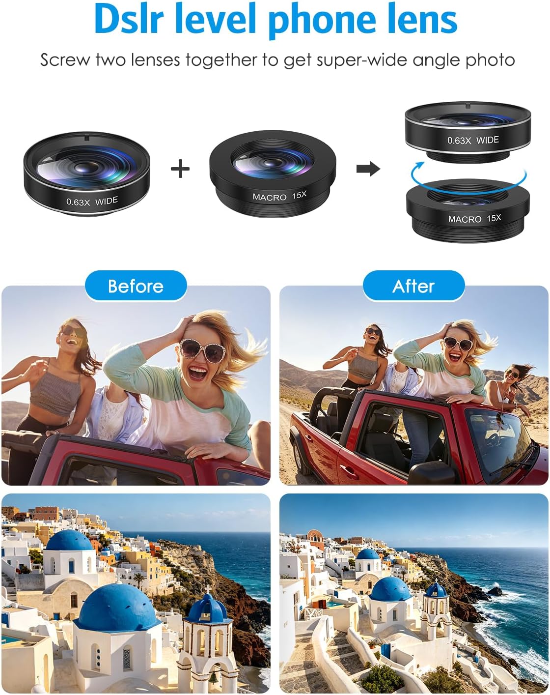 7 in 1 Clip On Phone Camera Lens Kit, 0.63X Wide Angle,15X Macro,2X Telephoto,198°Fisheye,CPL,Starburst, Kaleidoscope