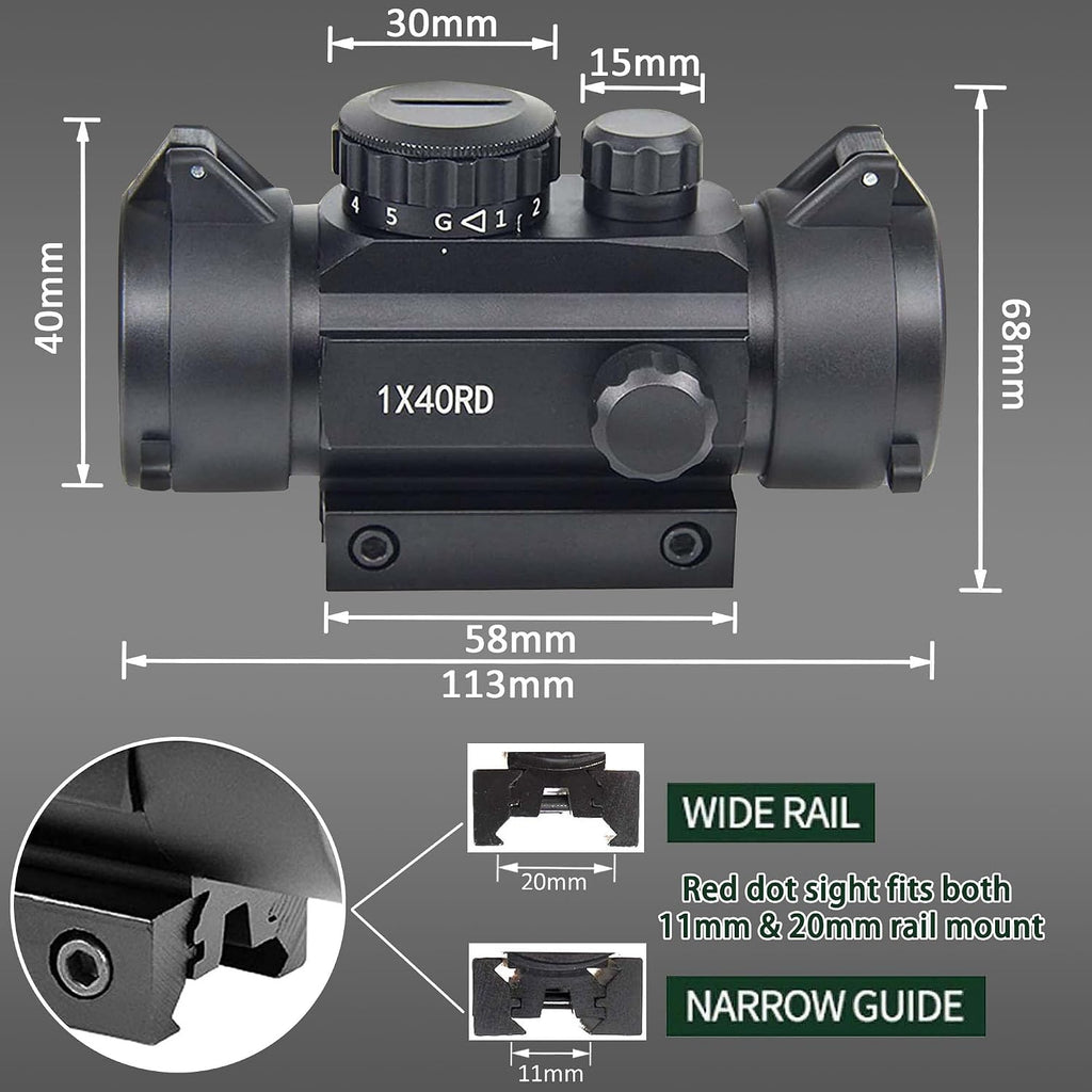 KASENTE 1x40 Red Green Dot Sight Rifle Scope with 20mm / 11mm Picatinny Dovetail Rail Mount