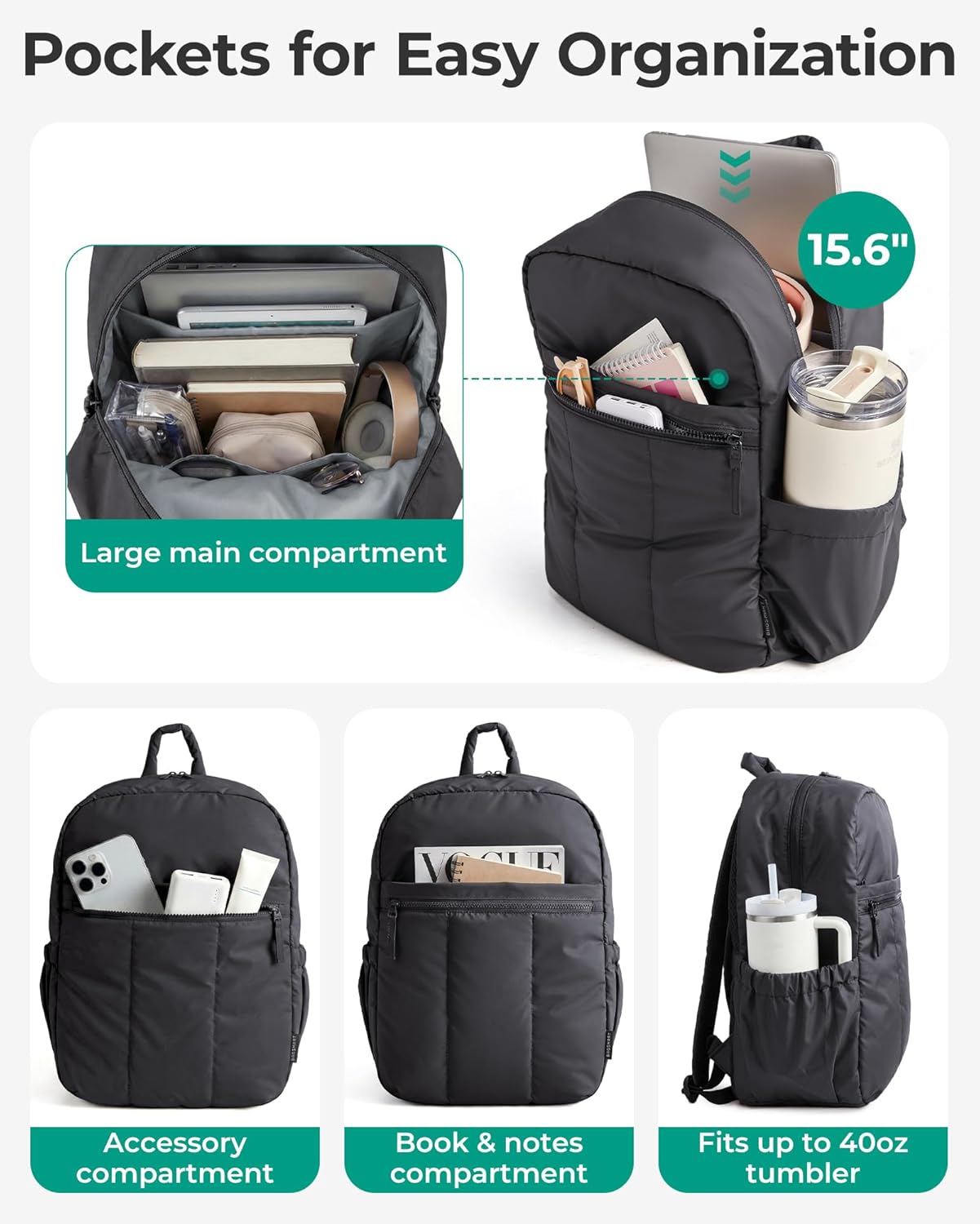 Backpack for Women, Travel Backpack with Large Side Pocket, 15.6 Inch Work College Backpack Purse, Waterproof