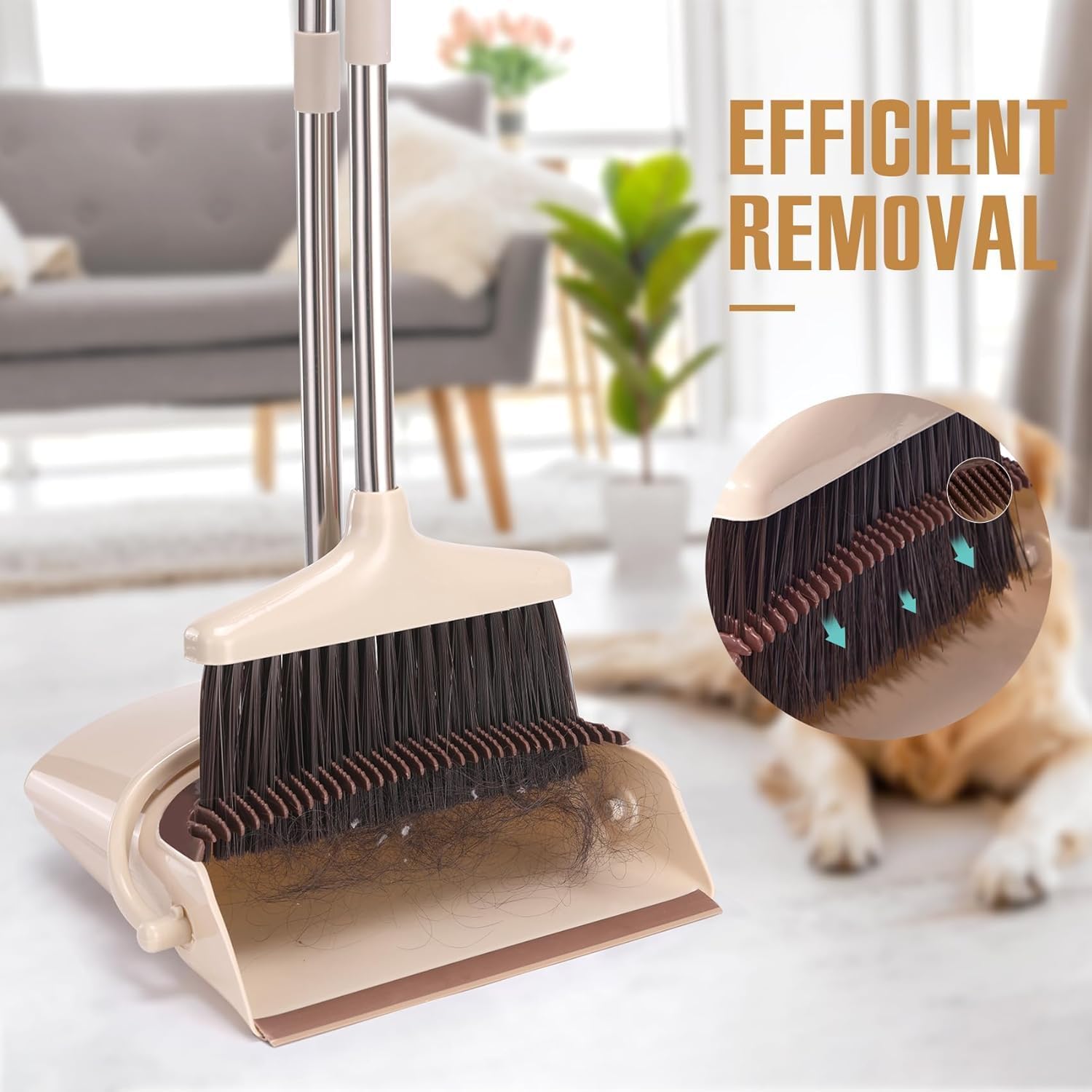 Broom and Dustpan Set with Long Handle, Light Weight Stainless Steel Poles Stand Upright Dustpans with Broom Combo