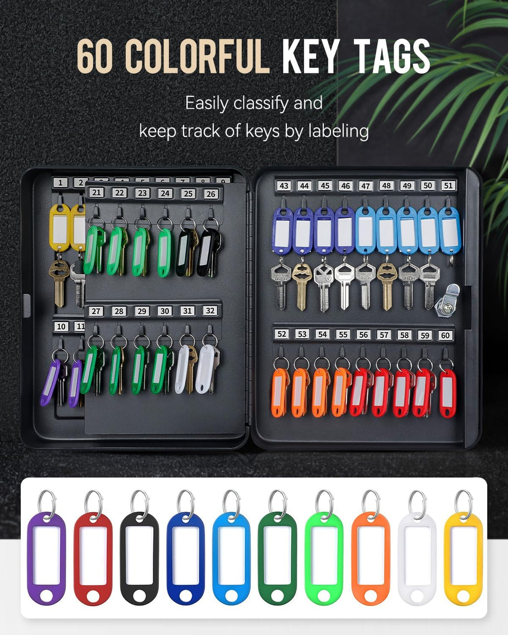 60 Position Key Cabinet with Key Lock Wall Mounted Black Security Storage Box Steel Key Organizer with Colorful Key