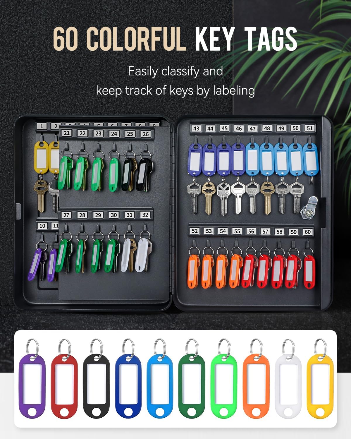 60 Position Key Cabinet with Key Lock Wall Mounted Black Security Storage Box Steel Key Organizer with Colorful Key