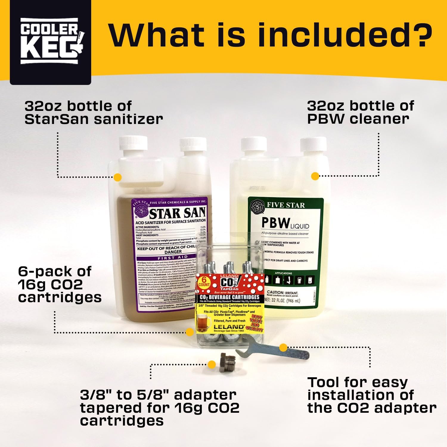 Cleaning kit with: PBW Cleaner 32oz, Star San No Rinse Food Grade Brewing Sanitizer 32oz, 6 Pack of 16g CO2