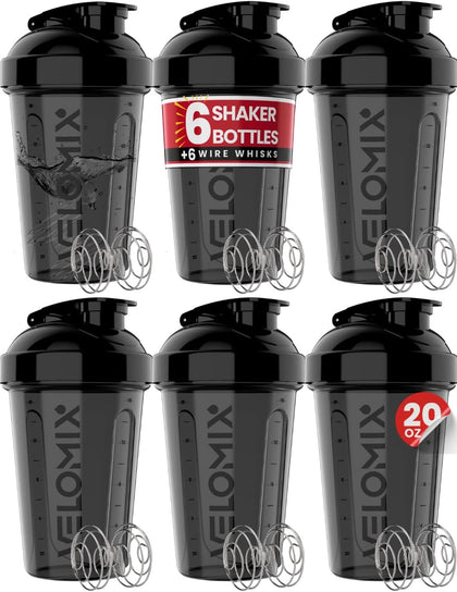 6 Pack 20oz Protein Shaker Bottle for Protein Mixes, All in Black | 6x Wire Whisk, Leak Proof Shaker Cups for Protein