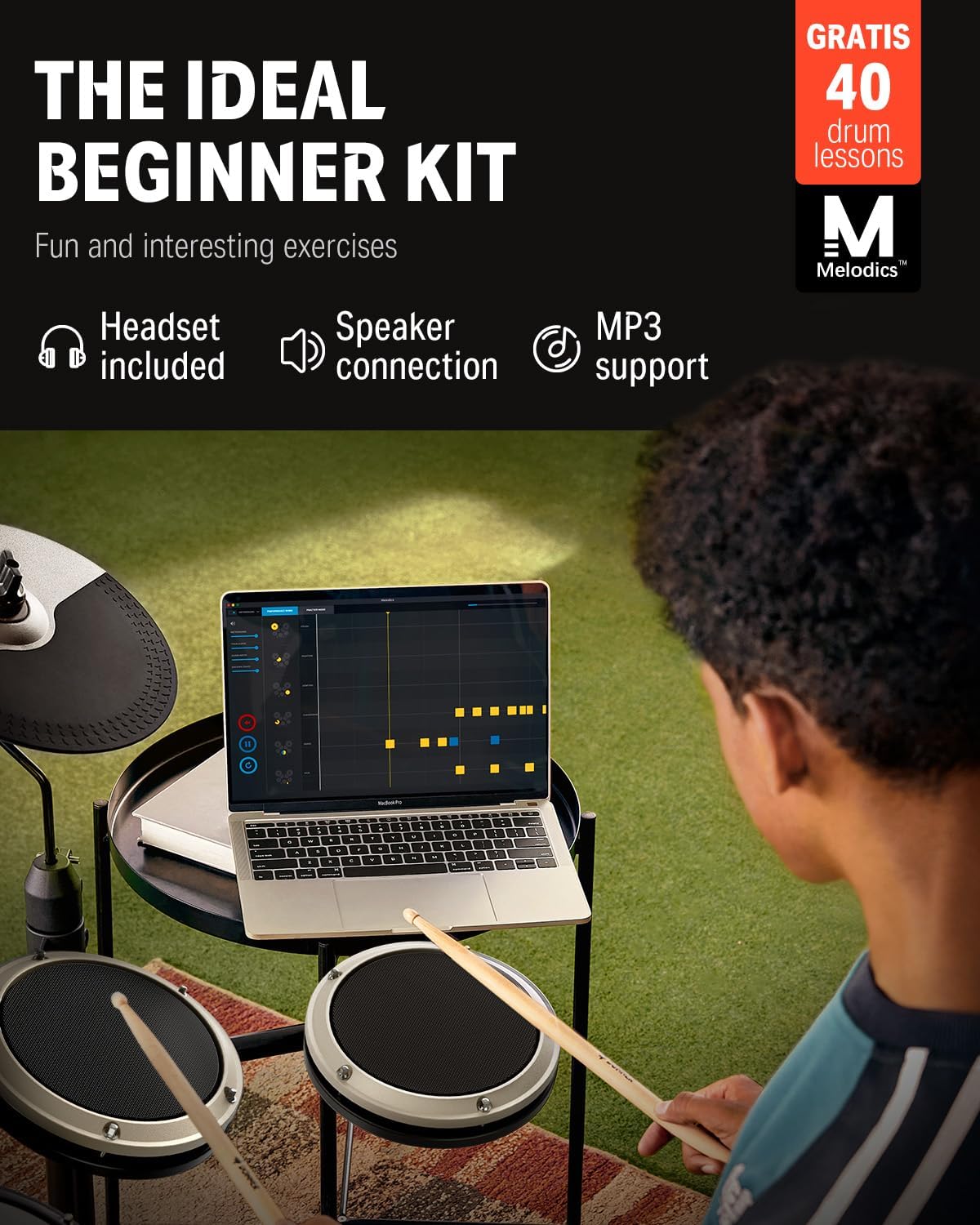 DED-80 Electric Drum Kit with 4 Quiet Mesh Pads, 180+ Sounds, 30 Demo Songs, 10" Cymbals, 2 Pedals, Throne