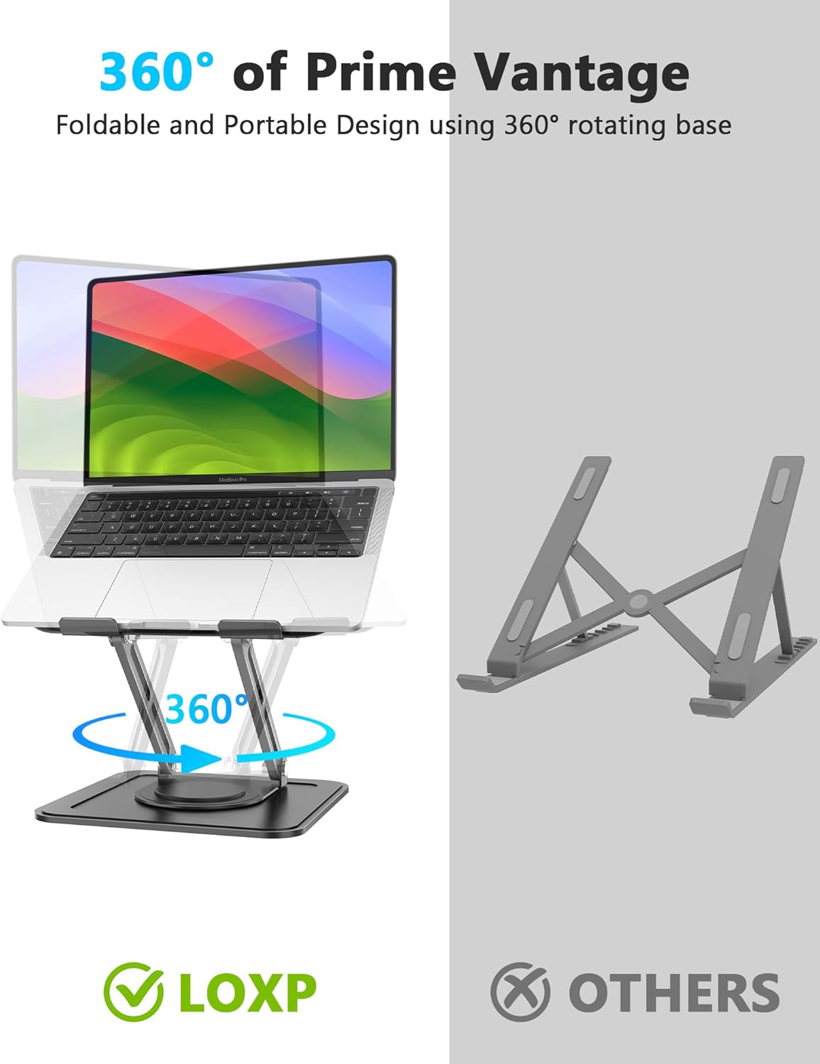 Adjustable Laptop Stand, Computer Stand with 360 Rotating Base, Ergonomic Laptop Riser Mount for Desk Foldable