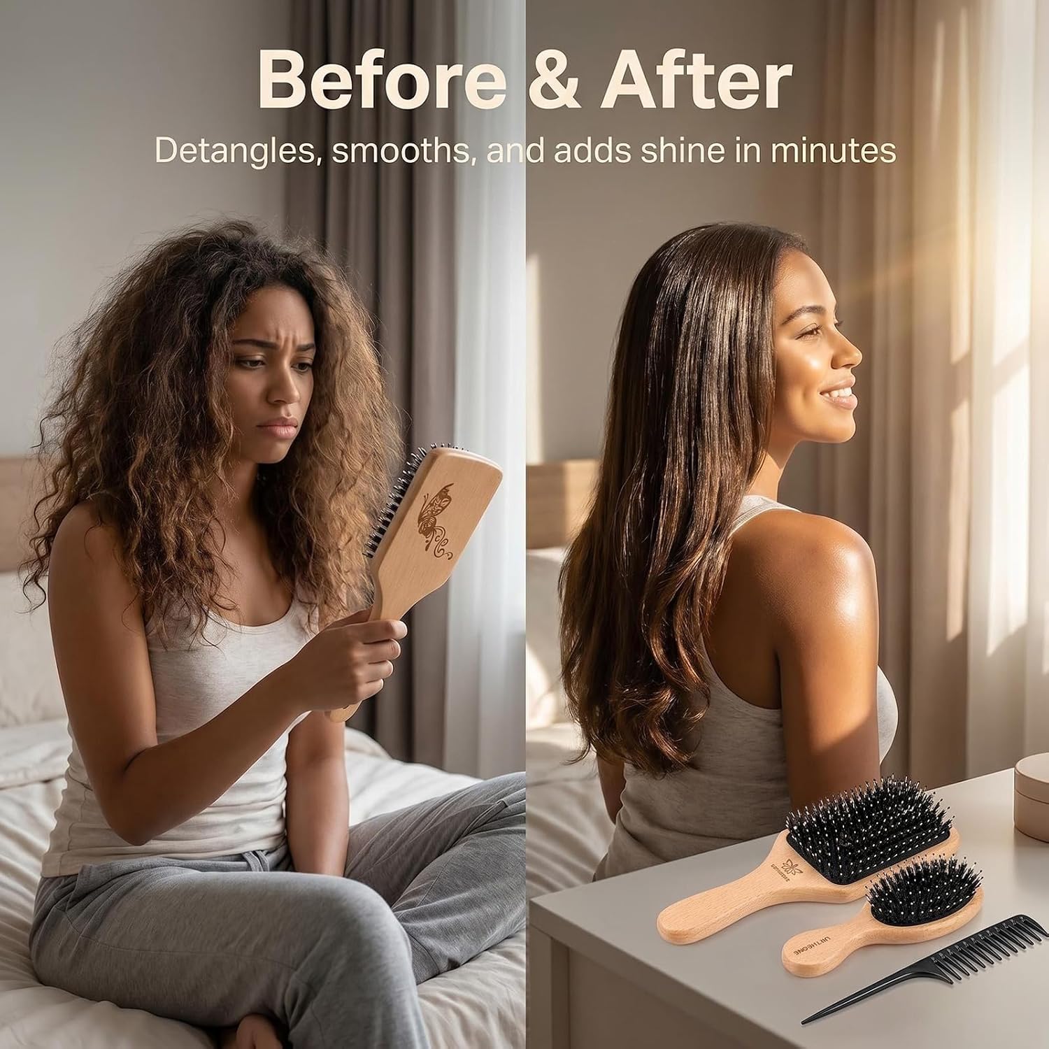 Boar Bristle Hair Brush and Comb Set for Women Men Kids, Best Natural Wooden Paddle Hairbrush and Small Travel