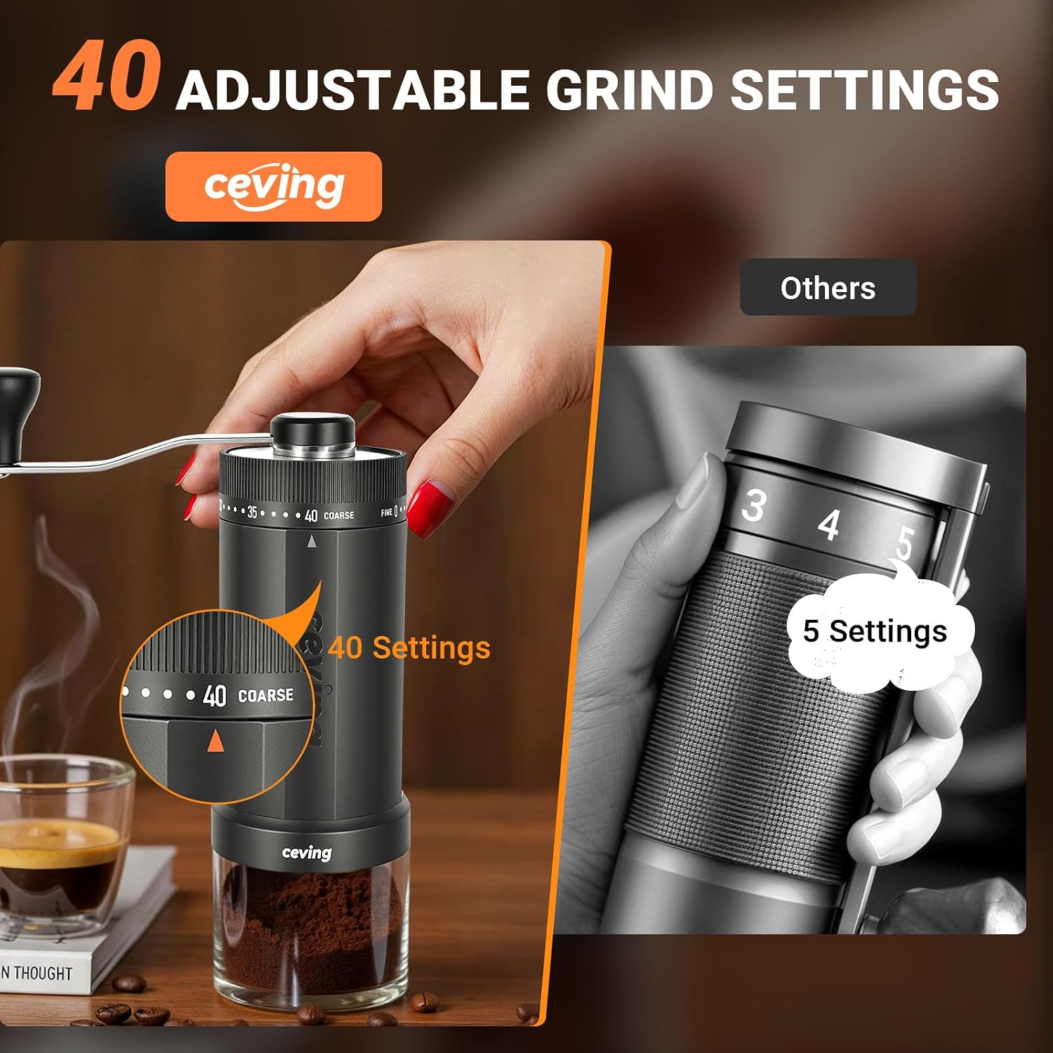 World's First 60g Large Capacity Manual Coffee Grinder, Gray | 40 External Settings, Portable Hand Coffee Bean Mill