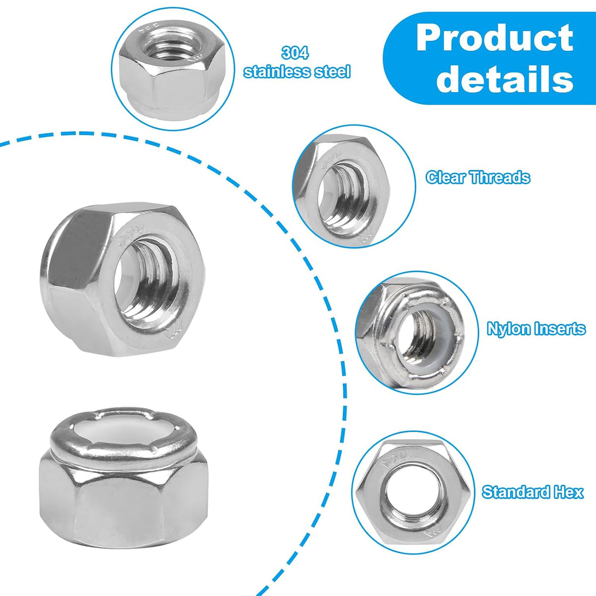 150PCS #10-24 Nylon Insert Hex Lock Nuts,304 Stainless Steel