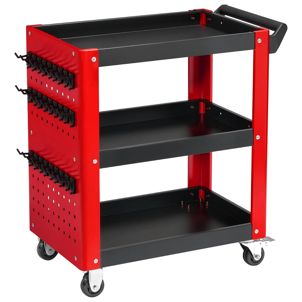 3 Tier Rolling Tool Cart, Red and Black Load Capacity of 1000 LBS | On Wheels, Mechanic Storage Organizer, With Pegboard
