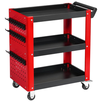 3 Tier Rolling Tool Cart, Red and Black Load Capacity of 1000 LBS | On Wheels, Mechanic Storage Organizer, With Pegboard