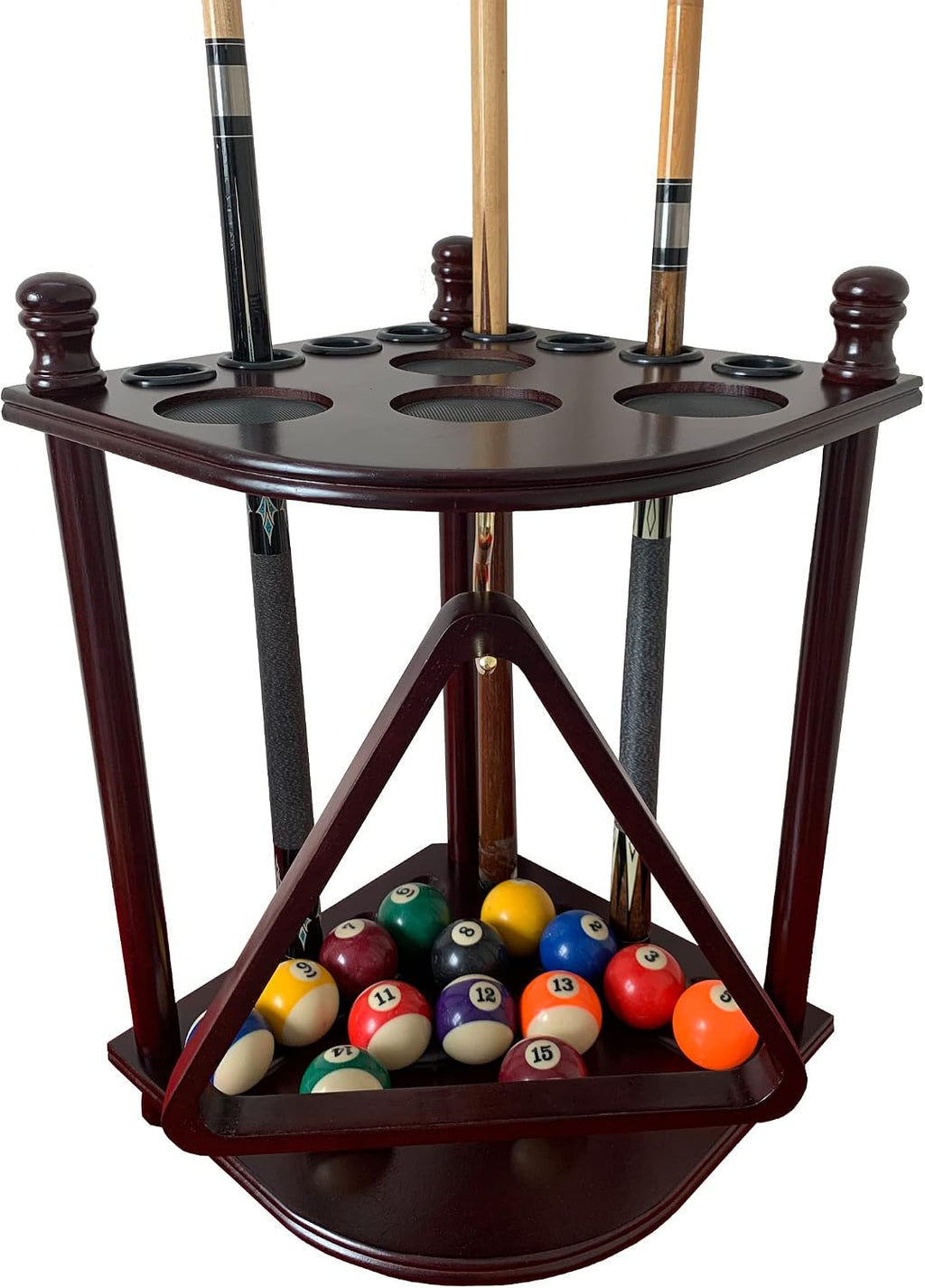 Pool Cue Rack Hold up to 8 Sticks & Billiard Accessories. Floor Stand Pool Cue Stick Holder Made of 100% Solid