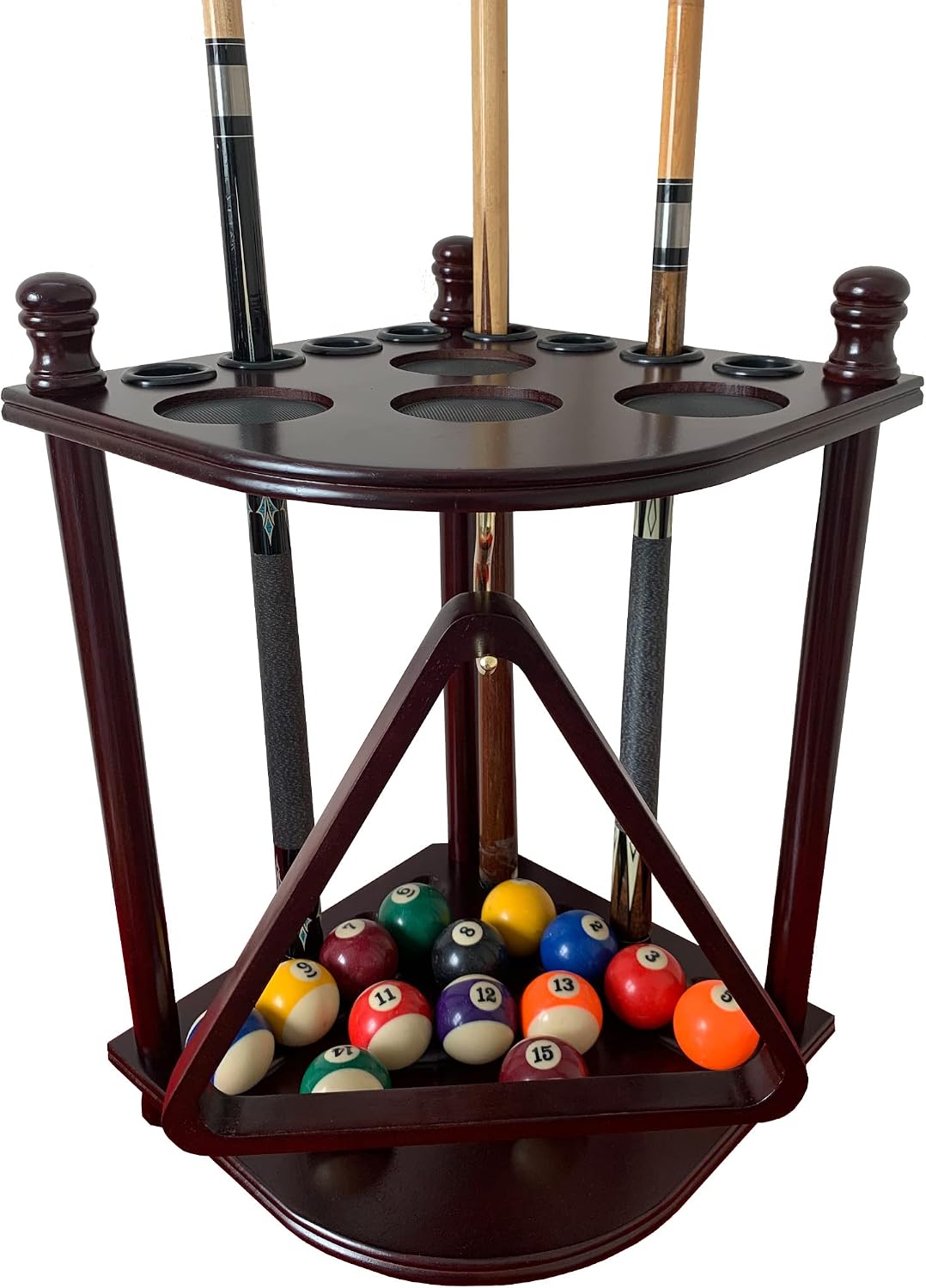 Pool Cue Rack Hold up to 8 Sticks & Billiard Accessories. Floor Stand Pool Cue Stick Holder Made of 100% Solid