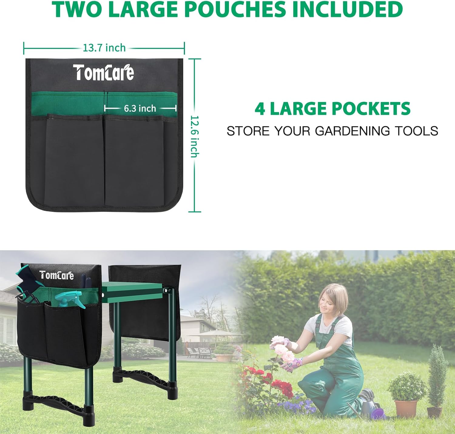 Garden Kneeler and Seat 10.64” Wider Larger Soft Kneeling Pad Garden Bench with 2 Large Tool Pouches Heavy Duty