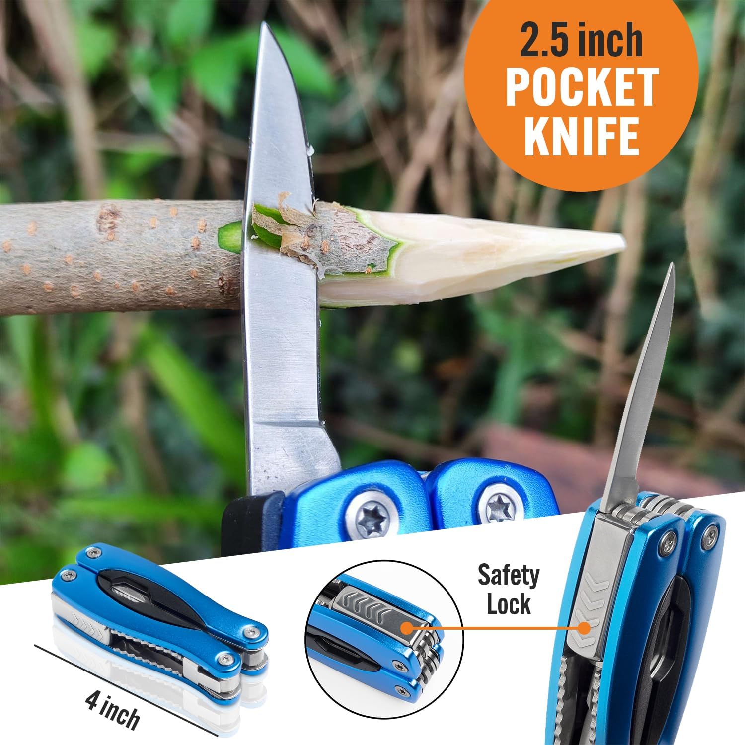 15-in-1 Multitool with Safety Locking, Stainless Steel Pocket Knife & Pliers, Compact EDC Multi Tool for Camping