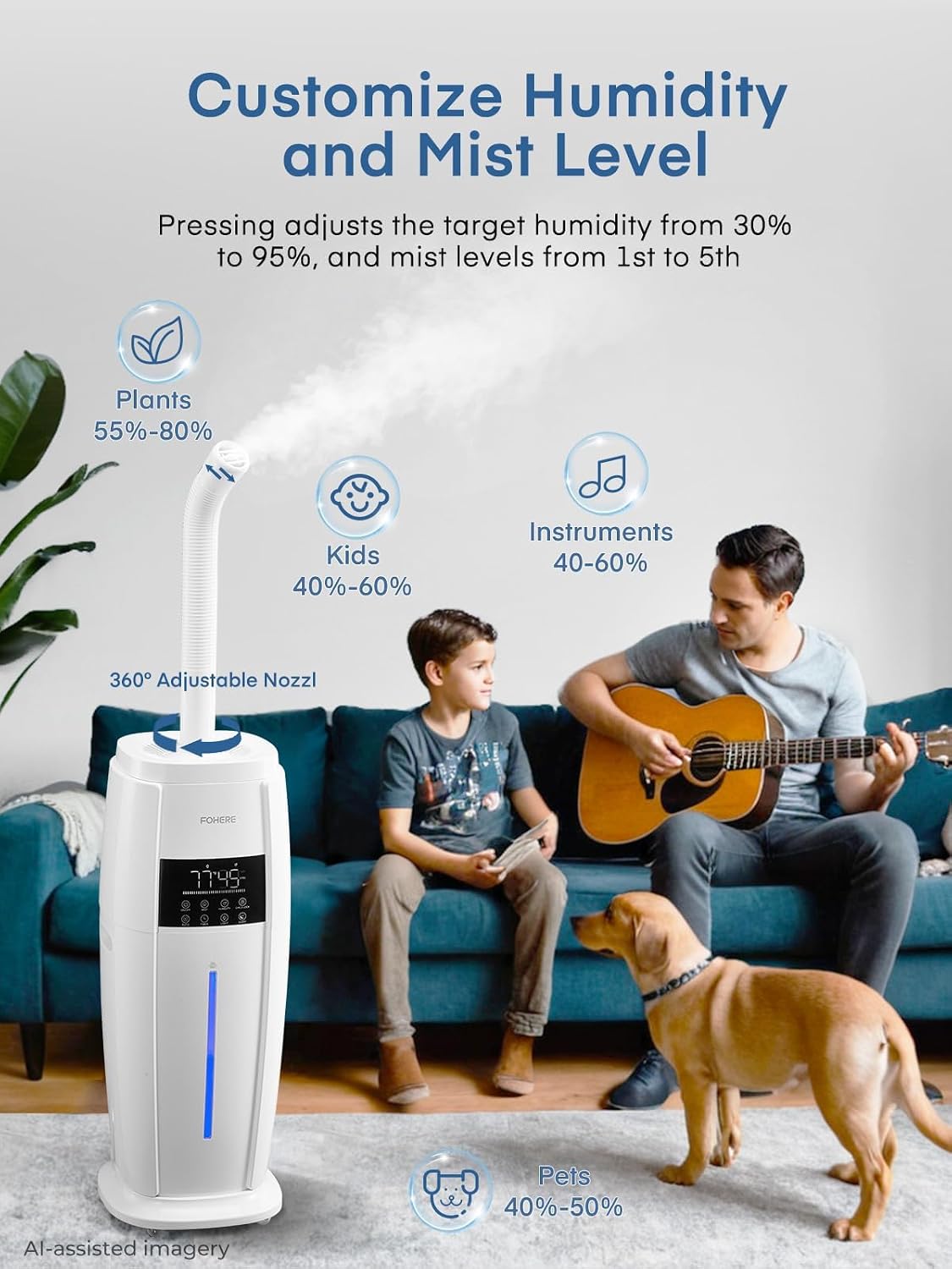 18L Humidifier Large Room, 1300mL/H Triple Mist, Up to 1500 Sq.Ft | Whole House Humidifier with Top-Fill, Smart