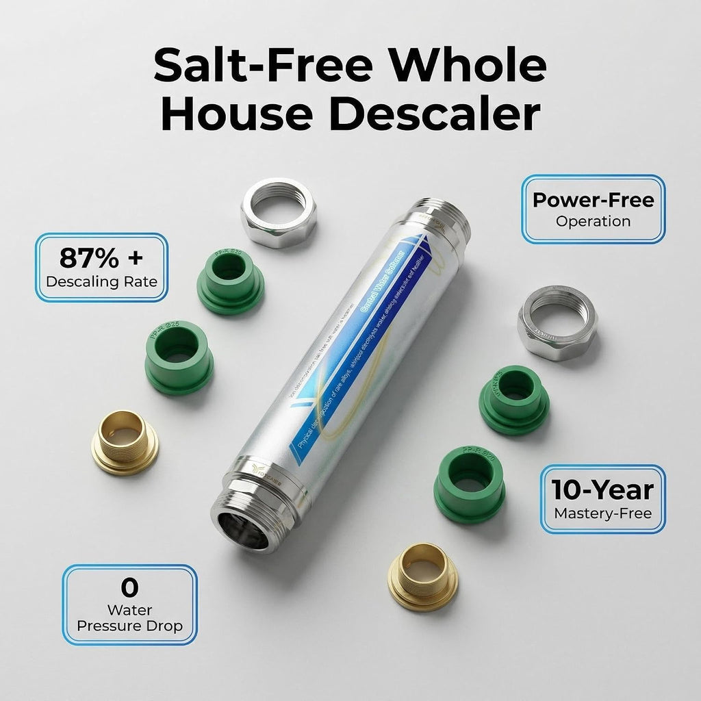 Salt-Free Whole House Water Descaler,4-in-1 Pipe Adapter Water Descaler System, 3/4" NPT,Prevents Limescale in