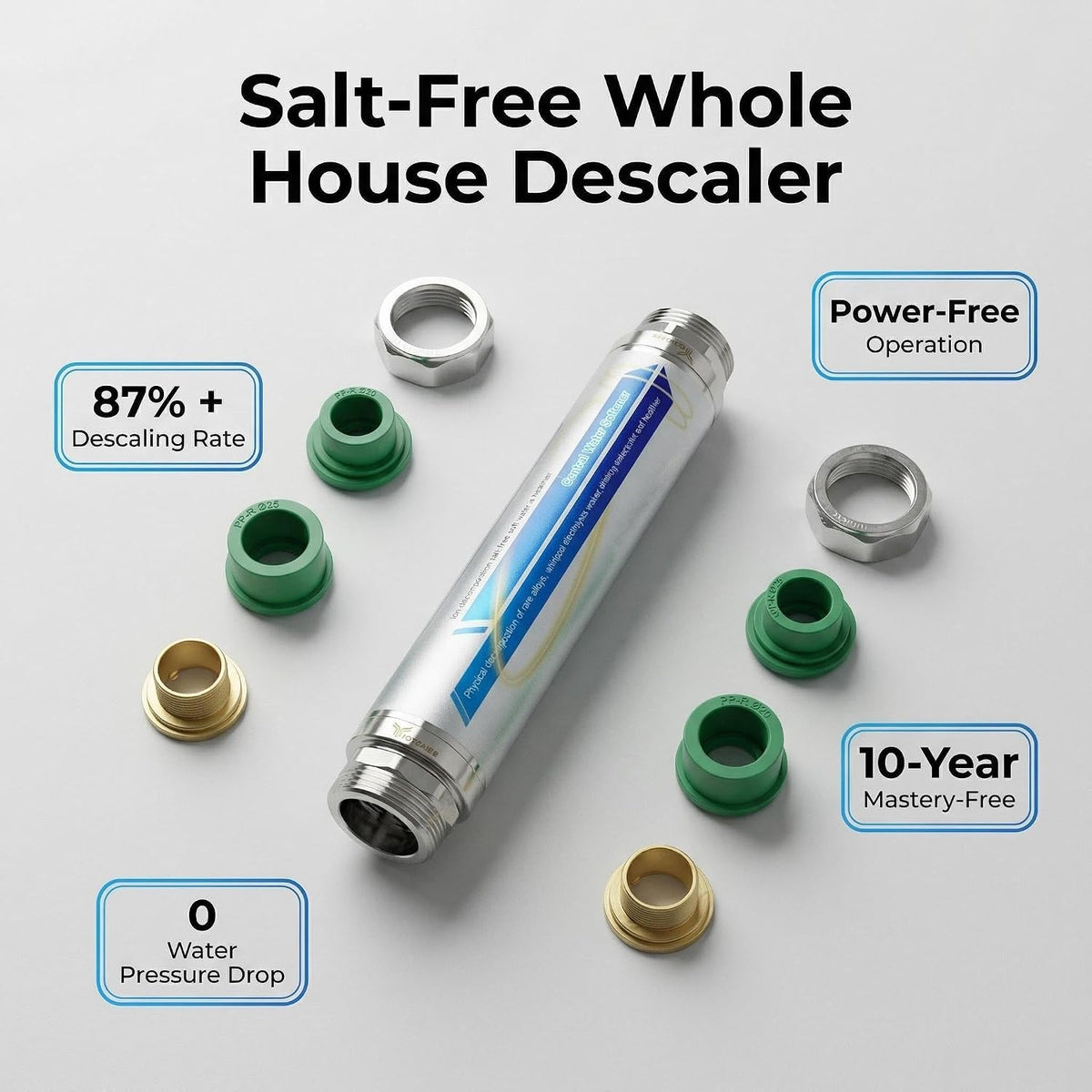 Salt-Free Whole House Water Descaler,4-in-1 Pipe Adapter Water Descaler System, 3/4" NPT,Prevents Limescale in