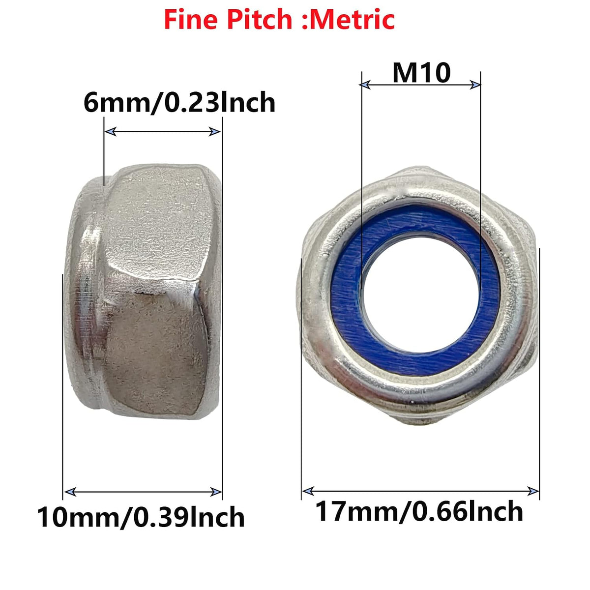 5 Pcs M10 x 1.0mm Metric Fine Thread Nylon Insert Lock Nut, 304 Stainless Steel Non-Slip Self-Locking Nut