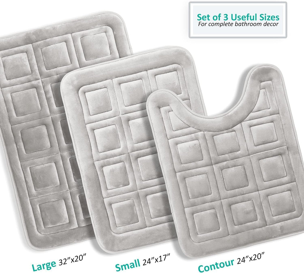 Set of 3 Bath Mats, Non-Slip Velvet Memory Foam Bathroom Rugs, Machine Wash, Soft and Plush Bath Rugs, 17 x 24 Inch