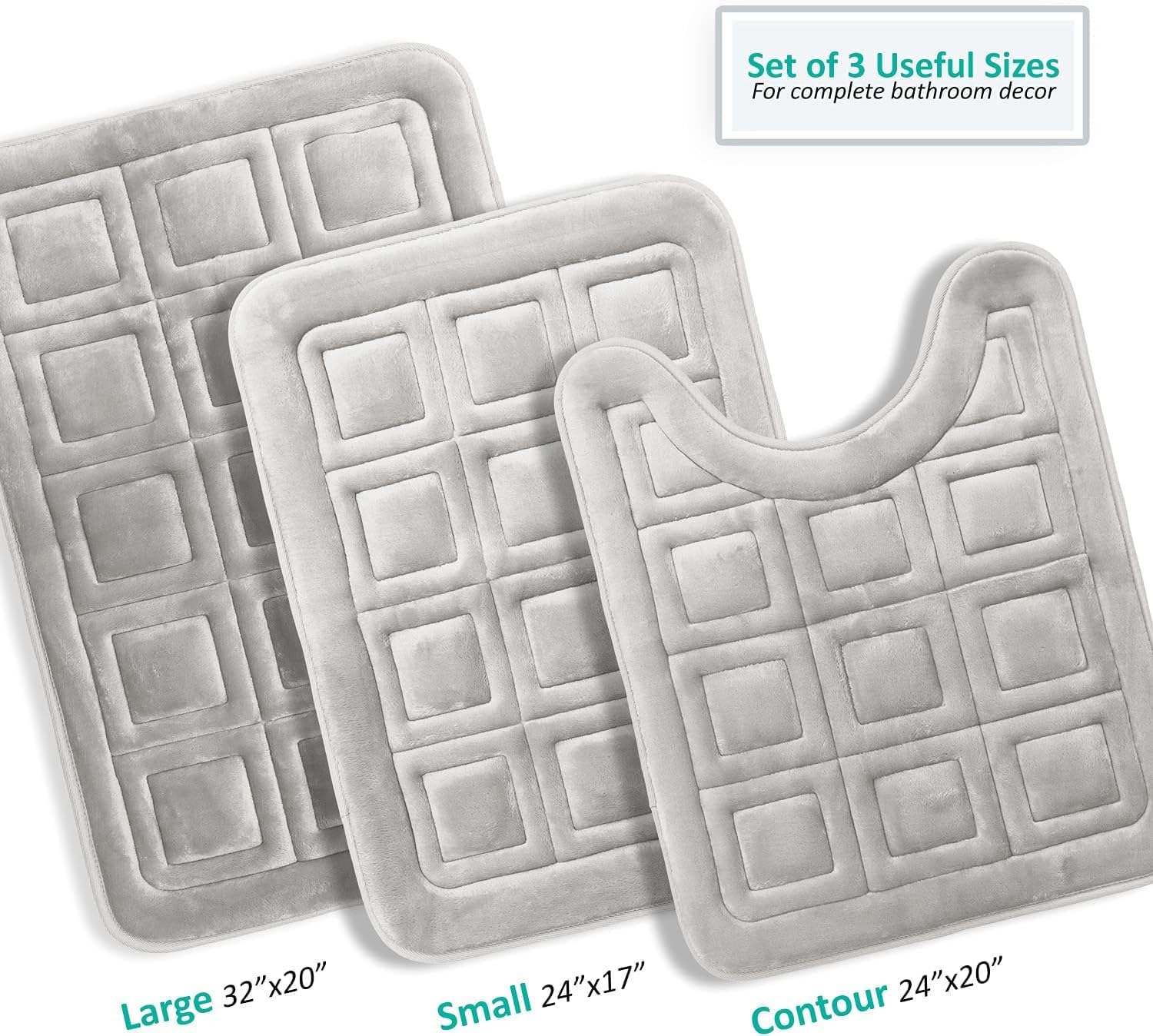 Set of 3 Bath Mats, Non-Slip Velvet Memory Foam Bathroom Rugs, Machine Wash, Soft and Plush Bath Rugs, 17 x 24 Inch
