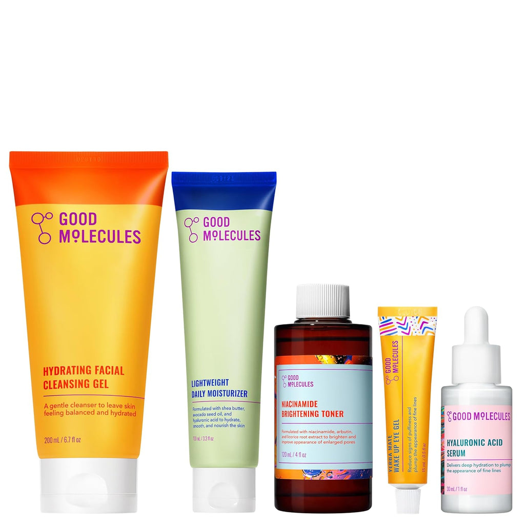 Daily Skincare Routine Set with Hydrating Cleanser, Niacinamide Toner, Hyaluronic Acid Serum, Moisturizer, Eye Gel, 5