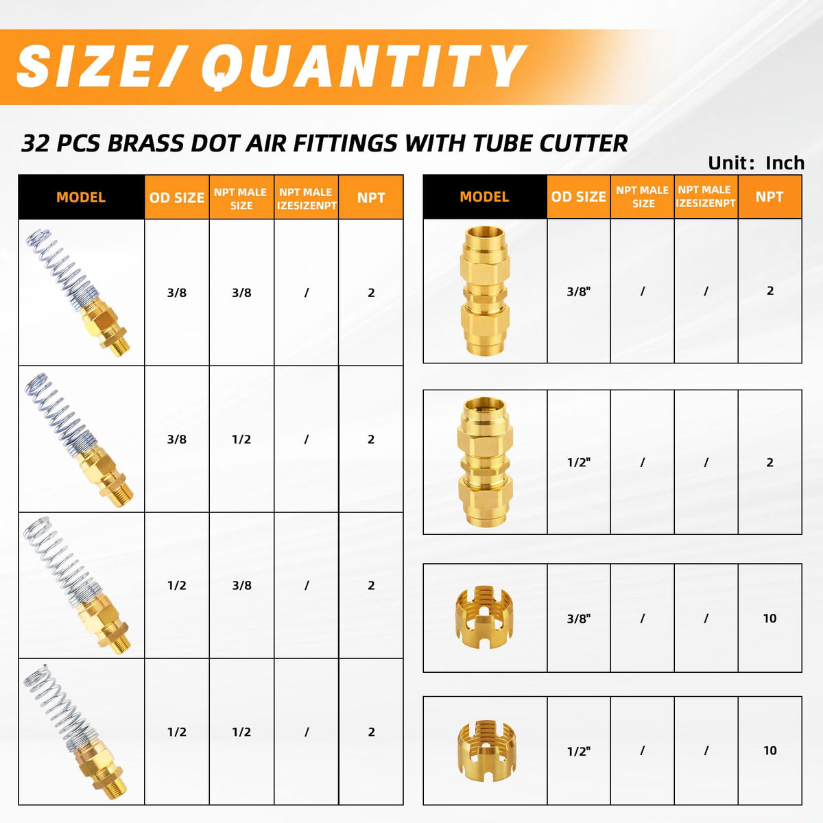32PCS Brass DOT Air Brake Hose End Fitting Assortment Kit for Replacement