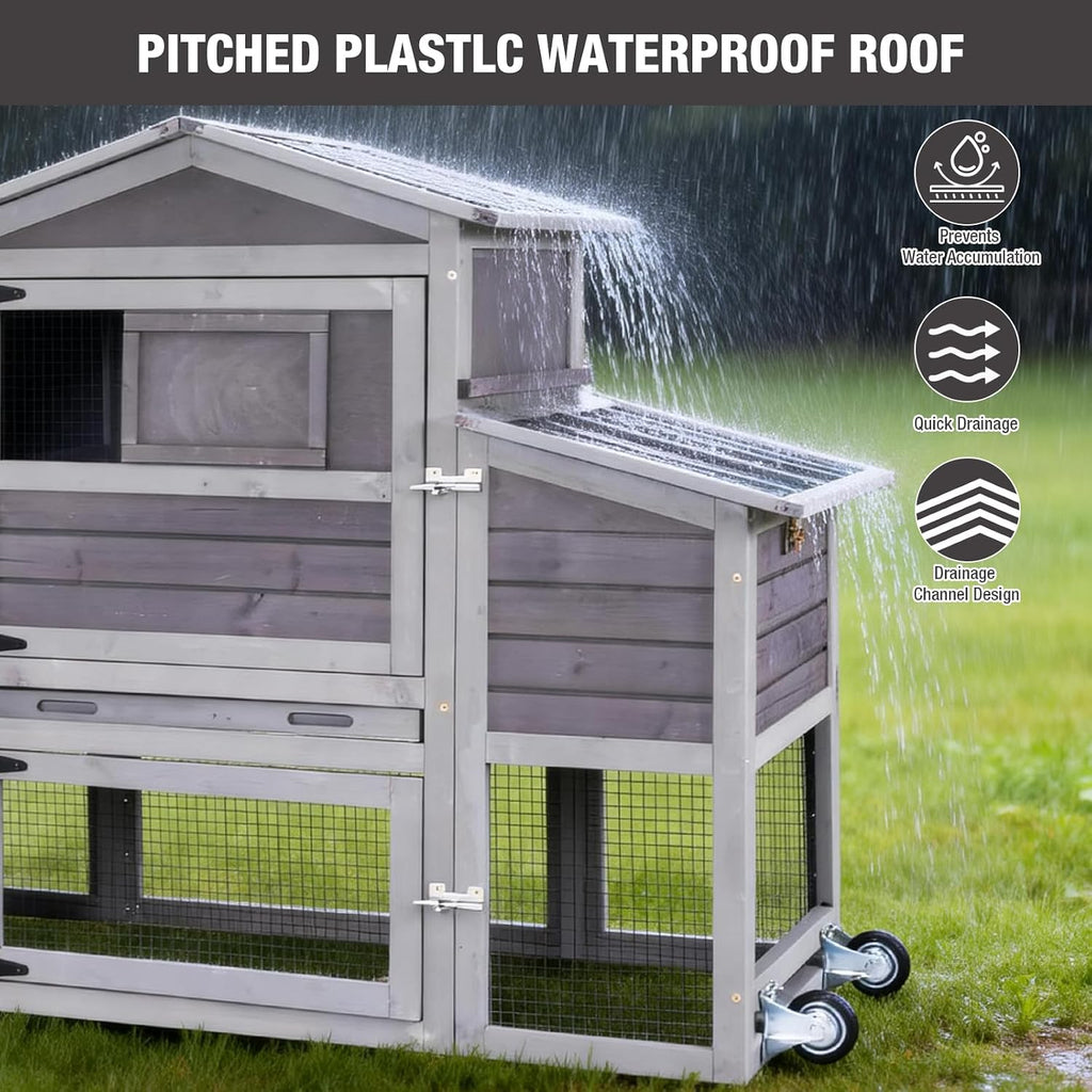 80’’ Chicken Coop with Wheels, Outdoor Wooden Chicken House with Nesting Box, Poultry Chicken Cage with Weatherproof