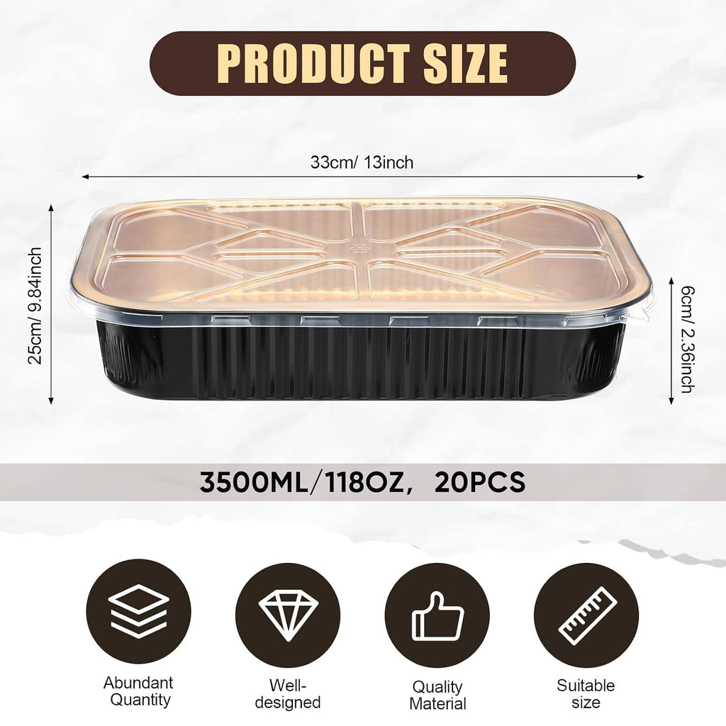 20 Set Heavy Duty Aluminum Foil Pans with Lids 9x13, Black Gold
