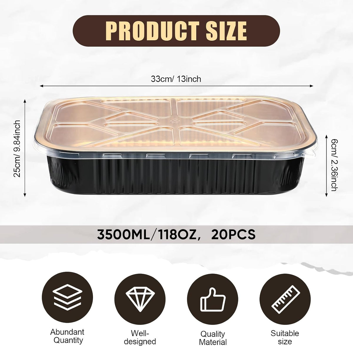 20 Set Heavy Duty Aluminum Foil Pans with Lids 9x13, Black Gold