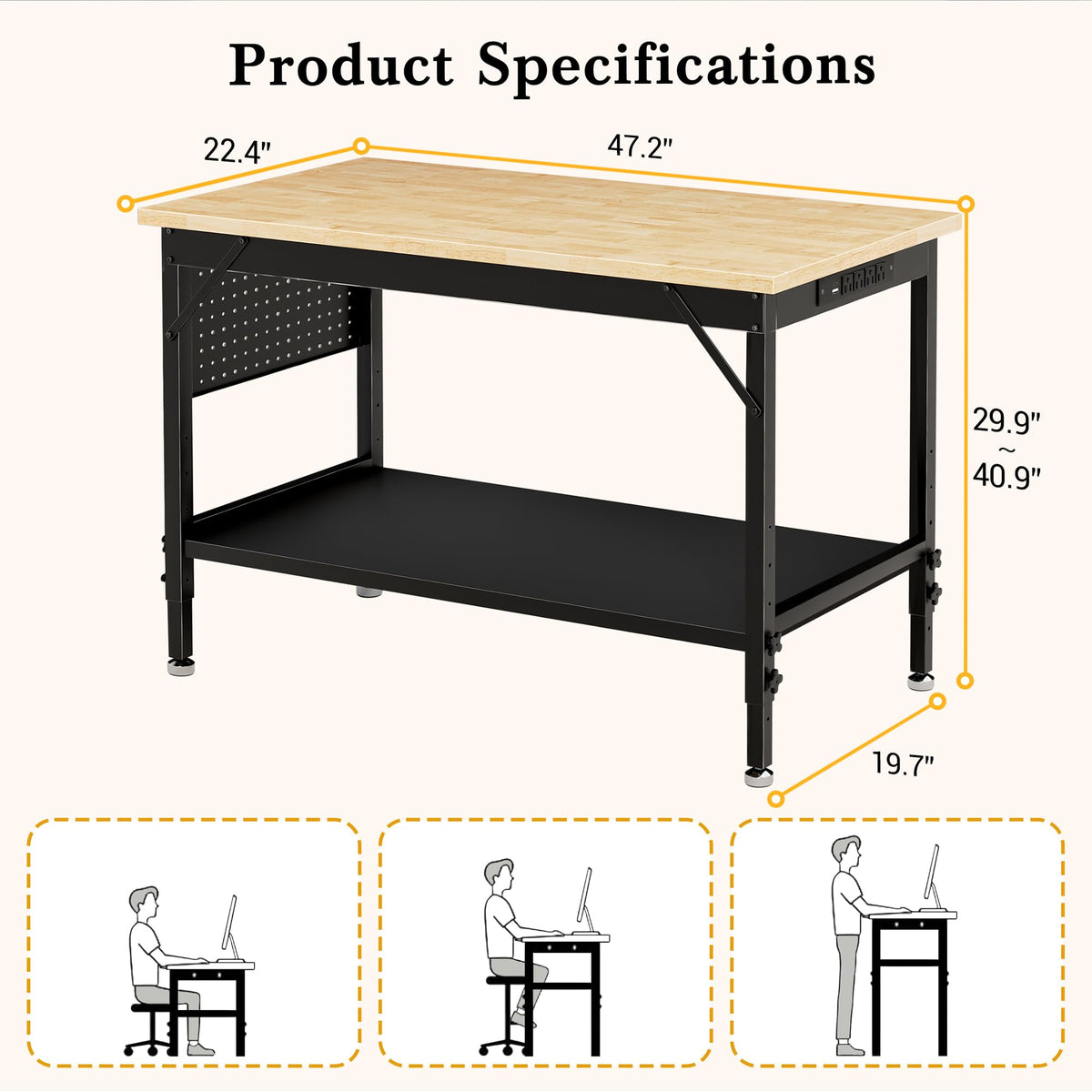 Adjustable Work Bench with Power Outlets, Heavy-Dute Work Table for Garage