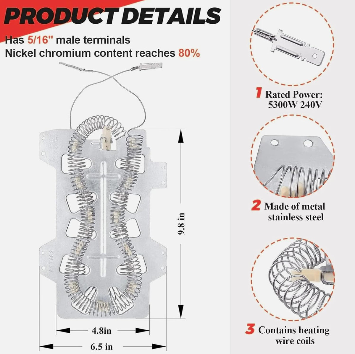 Dryer Heating Element Kit Replacement for Samsung DV448AEW/XAA-03, DV5471AEW/XAA-00, DV5471AEW/XAA-02, DV5471AEW/XAA-04, DV431AEP/XAA-01, DV203AEW/XAA-00, DV350AEP/XAA-00 models