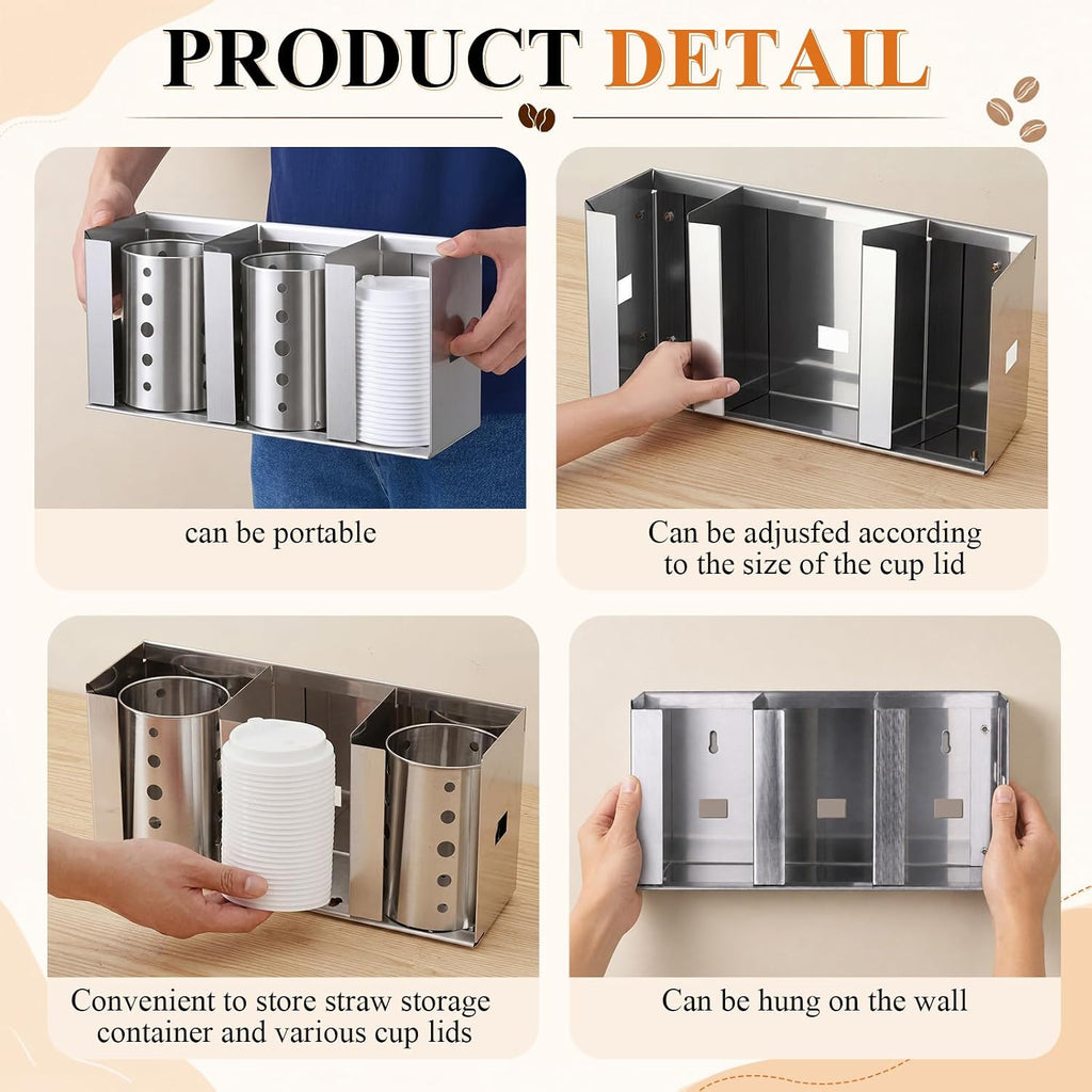 3 Compartments Stainless Steel Cup Dispenser with 2 Straw Holder